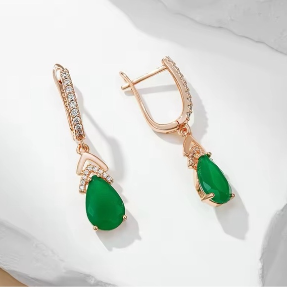 Luxury Elegant Emerald Drop Earrings For Women 585 Rose Gold Color Retro Green - Picture 5 of 6